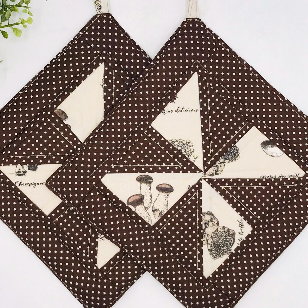 Set of 2, Square Potholder, Pinwheel Design, Neutral Mushrooms, Baking Gift Set